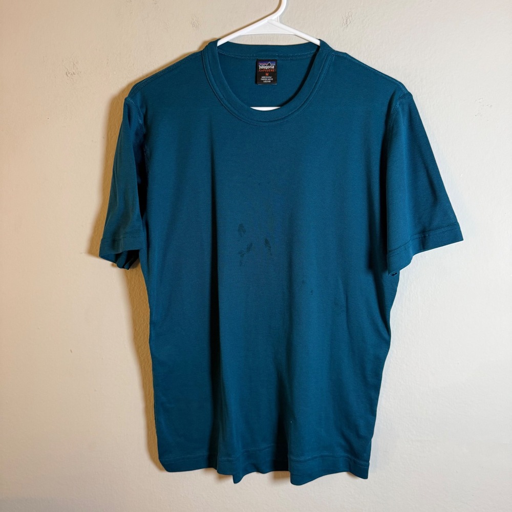 Patagonia Capilene Mens Medium Teal Blue Short Sleeve Base Layer Shirt Made USA